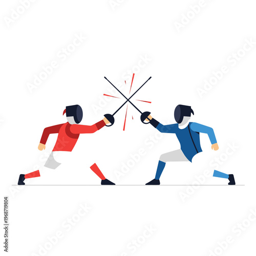 Two Fencers in Red and Blue Competing with Swords