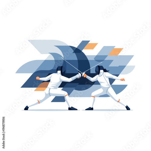 Two Fencers in White Uniforms Duel with Swords, Dynamic Abstract Background