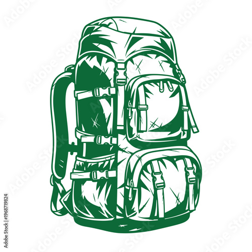 Green backpack with multiple pockets and buckles luggage travel 1 hiking