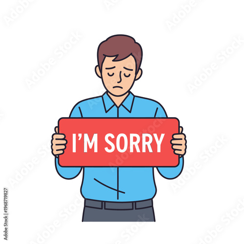 Man Holding "I'm Sorry" Sign, Apology, Regret, Sad Expression, Vector Illustration