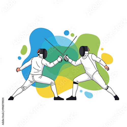 Two Fencers in White Uniforms Battling with Swords, Colorful Abstract Background
