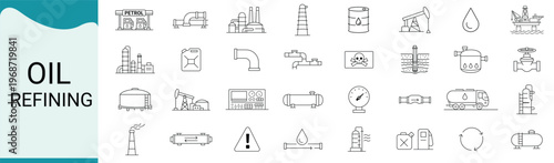 Oil Refining Icon Set for Petroleum Industry, Energy Production and Industrial Process Design