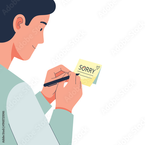 Man Writing "Sorry" on Sticky Note, Apology Message, Communication