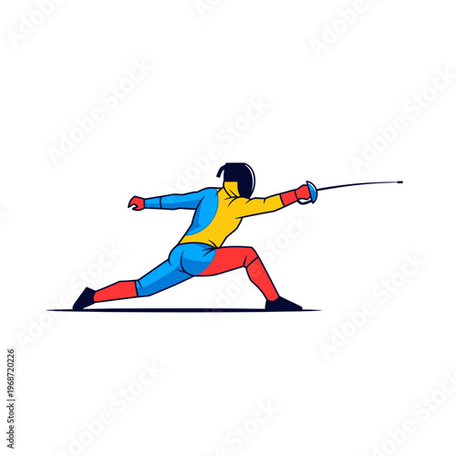 Fencer in action, lunging with sword, dynamic sport illustration, athletic pose