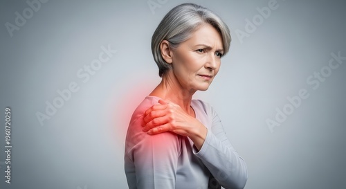Senior woman with painful shoulder and rotator cuff injury. Joint inflammation and muscle strain. Mature lady holding arm with glowing red sore area
