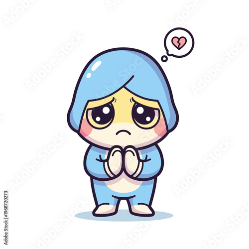 Sad Blue Character with Broken Heart Icon, Begging Gesture, Cute Kawaii Style