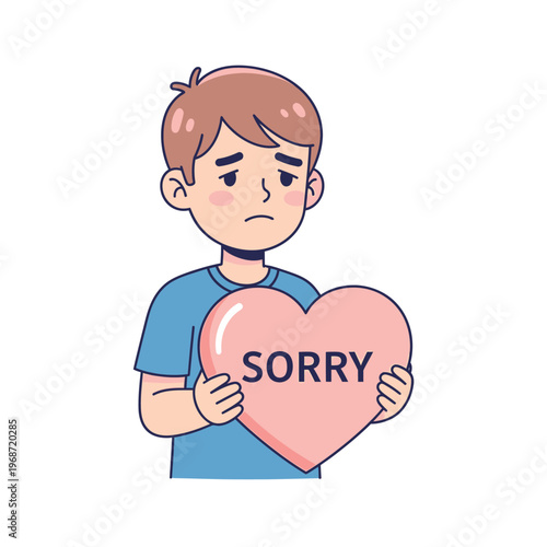 Sad Boy Holding Pink Heart with "SORRY" Text, Expressing Regret and Apology