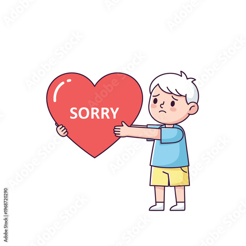 Sad Boy Holding Red Heart with "Sorry" Text - Apology and Regret Concept