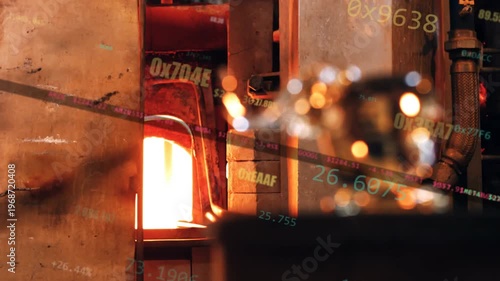 Glass elephant sitting on bench furnace glow pulling focus hex overlay showing glass art heat data