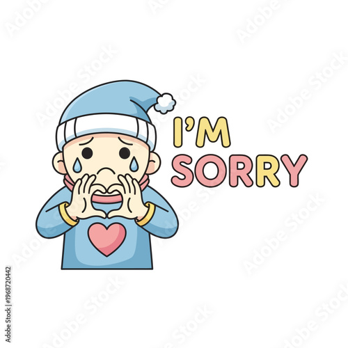 Sad Child Making Heart Shape with Hands, Wearing Pajamas and Nightcap, Saying I'm Sorry