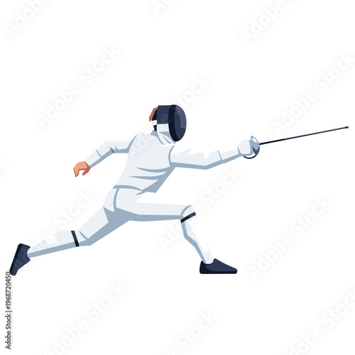 Fencer in white uniform lunging forward with sword, athletic sport illustration