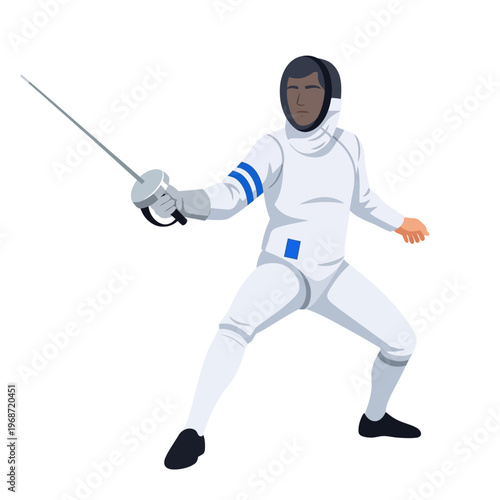 Fencer in white uniform holding foil sword, ready for combat, athletic stance