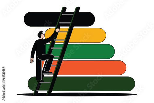 Business growth concept with man climbing ladder to success, achieving goals, career advancement, and personal development on transparent background