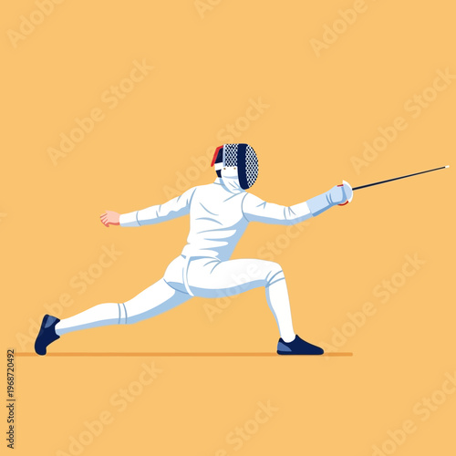 Fencer in white uniform lunging with foil sword, athletic sport illustration