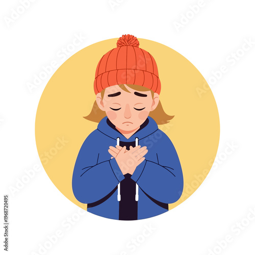 Sad girl wearing winter hat and hoodie, hands crossed on chest, emotional expression