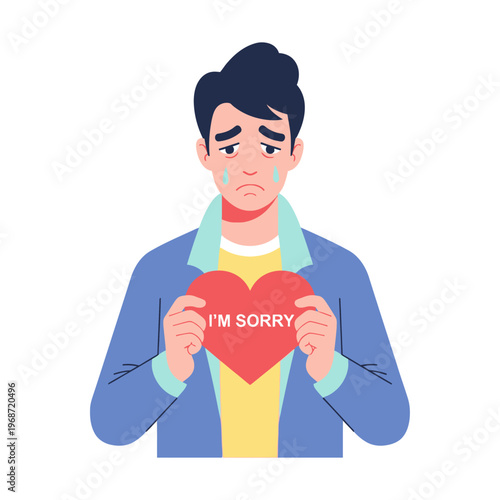 Sad Man Holding "I'm Sorry" Heart, Apology, Regret, Emotional Expression
