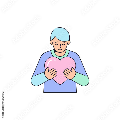 Sad Man Holding Pink Heart Symbol, Emotional Sadness, Loneliness, Heartbreak Concept