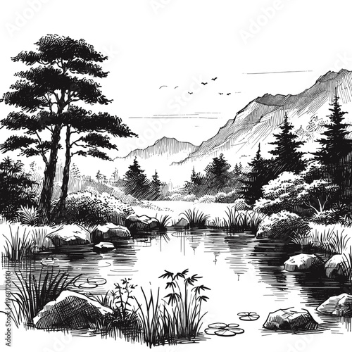 Line art sketch drawing of a serene natural landscape with a calm pond surrounded by rocks, grasses, and trees including tall pines and shrubs vector svg