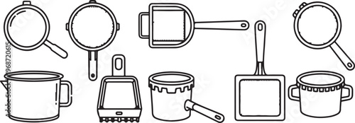 A collection of kitchen utensils and appliances illustrated in black and white Vector