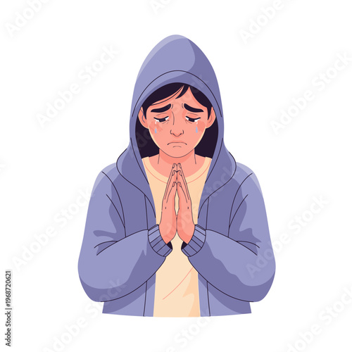 Sad young person in hoodie praying with tears, emotional distress, hope, begging