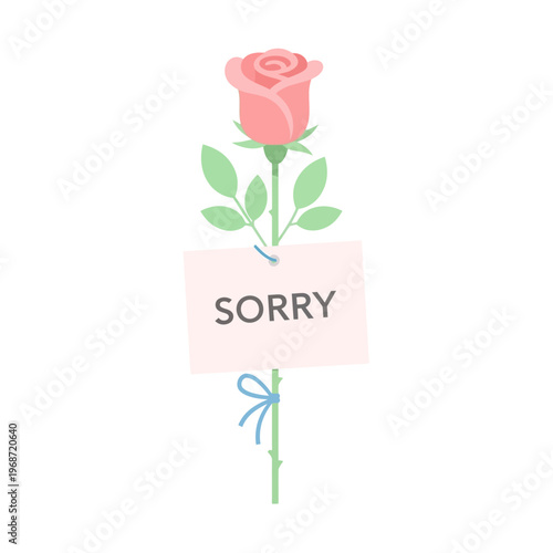 Single Pink Rose with "Sorry" Card and Blue Bow, Apology Flower