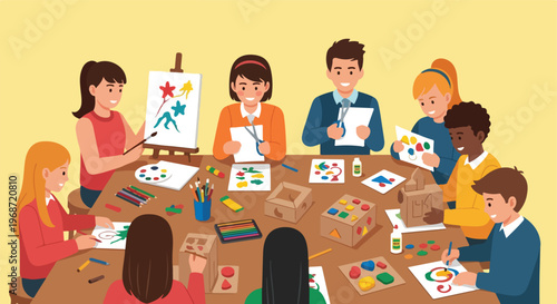 A group of diverse children sit around a wooden table doing various art projects