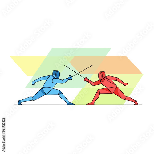 Fencing duel between blue and red athletes, abstract geometric background