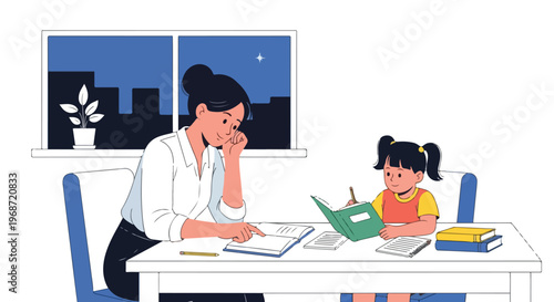 A mother helping her daughter with schoolwork while sitting at a table indoors