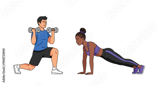A man lunging with weights and a woman performing a plank in a fitness setting