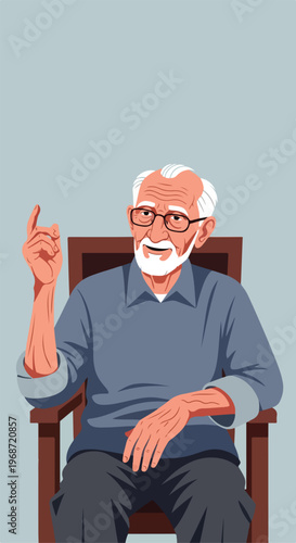 An elderly man with a white beard and glasses sits in a chair, raising a finger