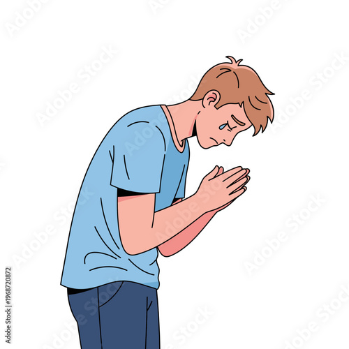 Young Man Praying with Tears, Sadness, Hope, and Regret