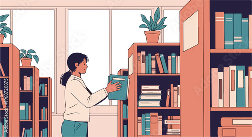 A young woman picks a blue book from a wooden library shelf by a bright window