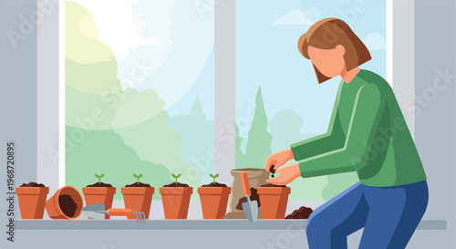 A person plants small green sprouts in terracotta pots on a bright windowsill