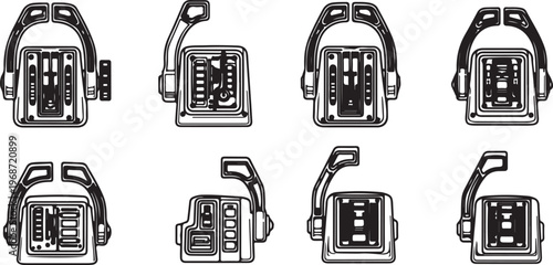 Black and white illustration of single decker buses from different angles Vector