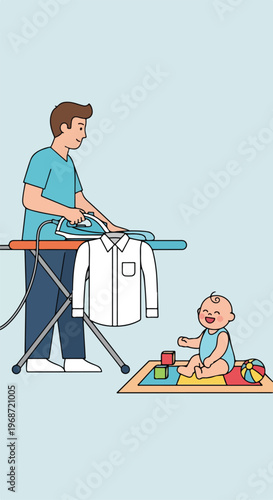 A man irons a shirt while a happy baby sits on a play mat with colorful toys