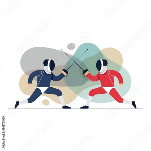 Two Fencers in Action, Sword Fight, Sport Competition, Dynamic Poses, Abstract Background
