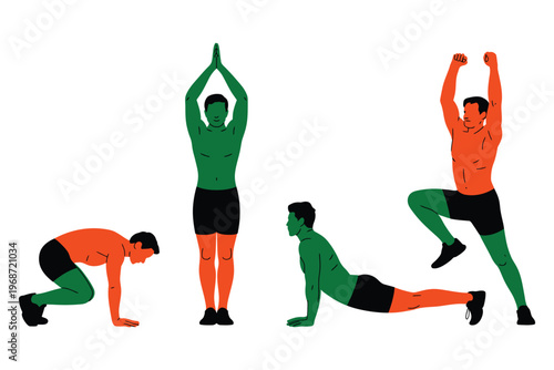 People exercising in various poses demonstrating stretching and fitness routines, illustrating different movements for physical well-being