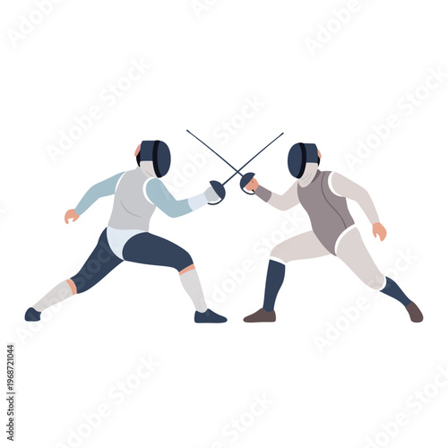 Two Fencers in Combat Pose with Swords, Vector Illustration