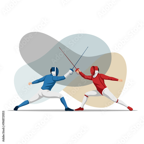 Two fencers in blue and red competing in a duel with swords, dynamic action illustration.
