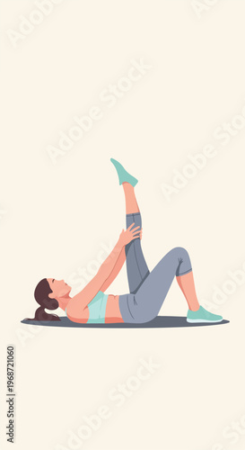A woman lying on a mat while stretching her leg upward in a flat illustration