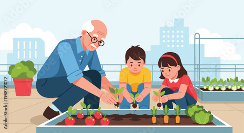 An elderly man and two children planting small vegetable seedlings in a rooftop