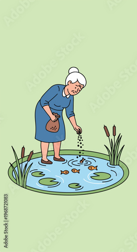 An elderly woman standing in a small garden pond feeding the fish with pellets