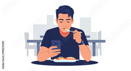 A young man sitting at a table eating pasta while looking at his smartphone now
