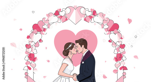 Wedding Couple Kissing Under Heart Archway - Romantic Illustration