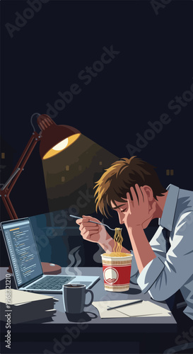 A tired office worker eats instant noodles while coding at night under a lamp