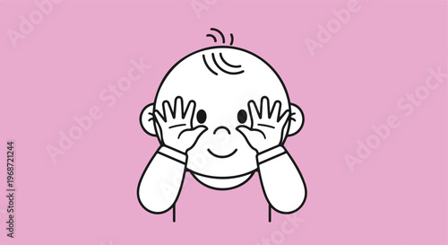 A simple outline illustration of a cute baby covering its eyes with both hands