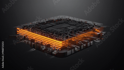 CPU chip spinning with glowing circuit pattern. Ai generated.