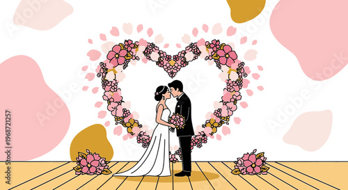 Wedding Couple Kissing Under Heart Flower Arch, Romantic Celebration