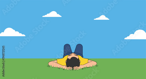 A flat vector illustration of a person lying on green grass under a blue sky