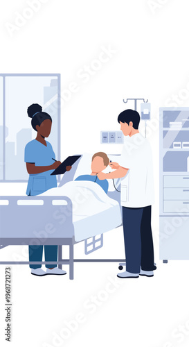 Medical professionals examine a patient lying in a hospital bed with equipment